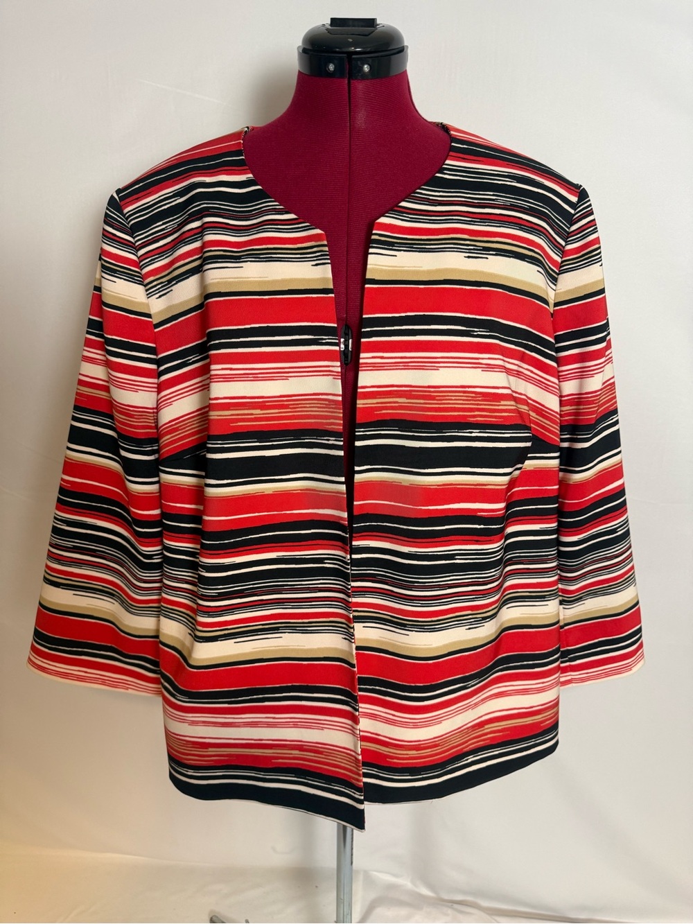 Kasper Open-Front Jacket Women's Size 16W Multi-Colored Stripe 3/4 Sleeve